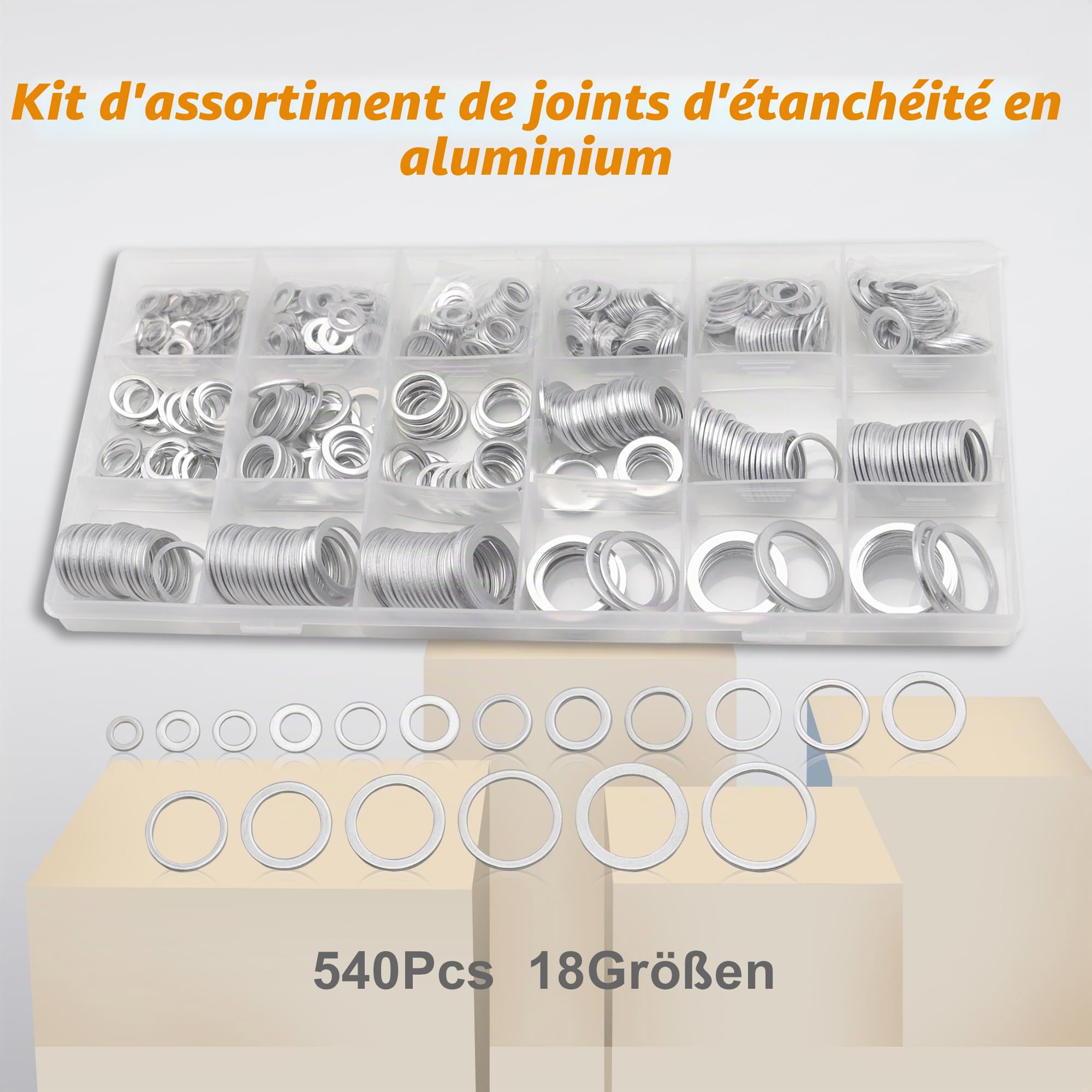 DIYoung Assortiment de 540 Bagues D'étanchéité en Aluminium, Joints Métriques, Joints de Vidange D'huile, 18 Tailles pour Réparation Hydraulique de Voitures, Atelier de Plomberie (M6 - M24)