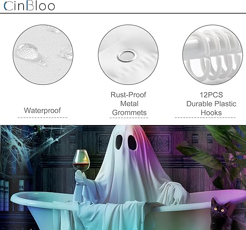 Miniatura 6 de Cinbloo Cortina de ducha divertida de fantasma, de 60 pulgadas de ancho x 72 pulgadas de alto, cortina de ducha de Halloween, fantasma gótico de