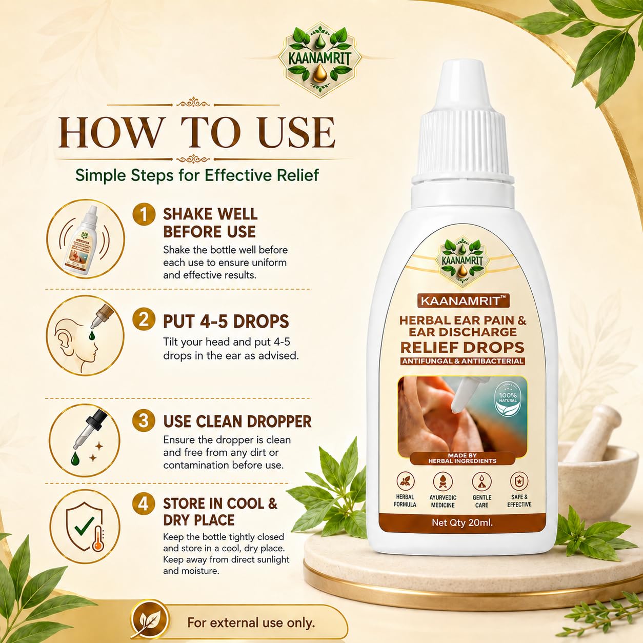 Herbal Ear Drops for Ear Pain & Ear Discharge Care | Ayurvedic Ear Care Oil with Neem, Tulsi, Haldi, Ajwain & Kapoor | Natural Herbal Formula | Daily Ear Hygiene Support | 20 ml — Amazon image 4