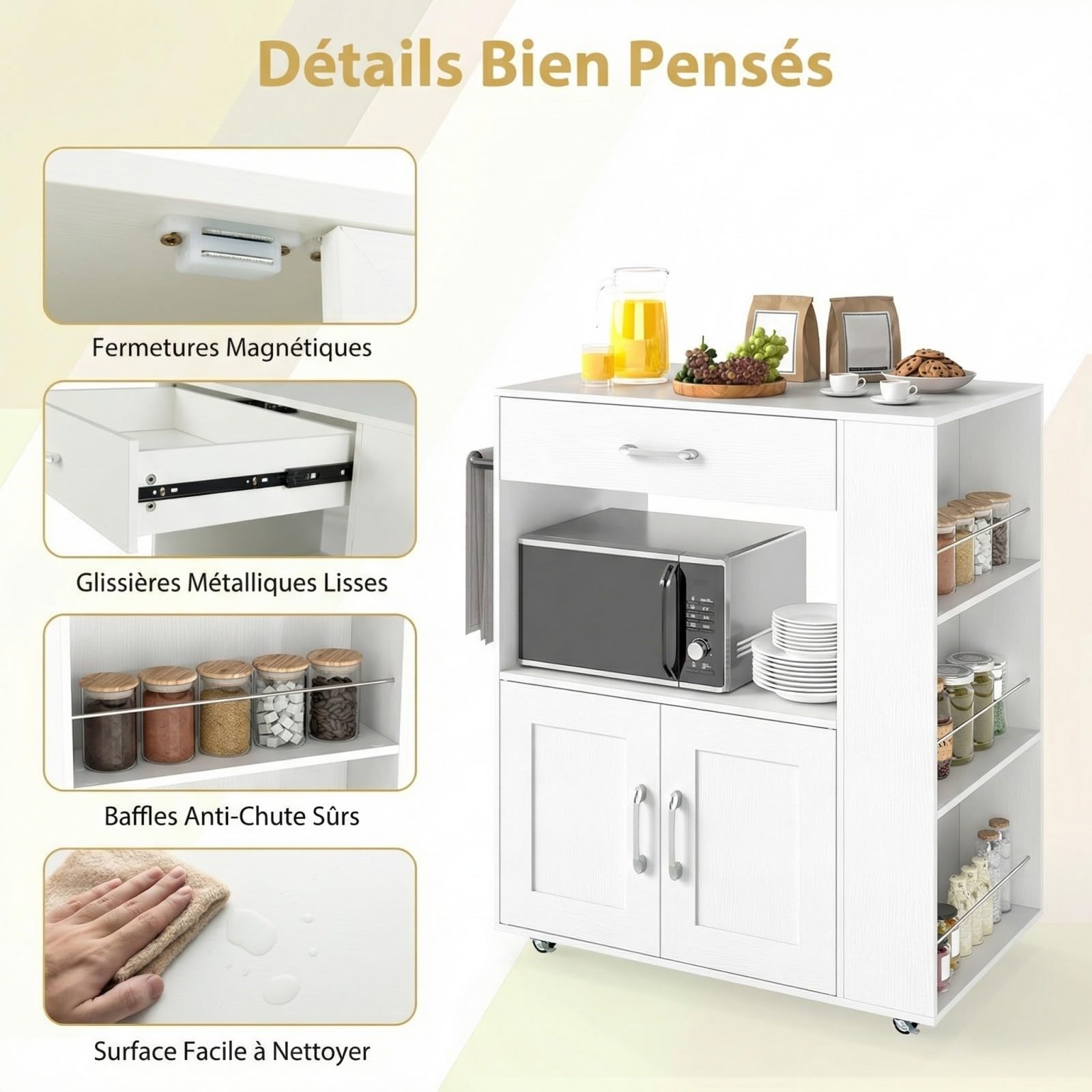 COSTWAY Desserte de Cuisine sur roulettes (2 Verrouillables), îlot de Cuisine avec 3 Support à Épices, Chariot de Service Armoire 1 Tiroir Étagère Ouverte, 46 x 75 x 90,5 cm (Blanc Pur)