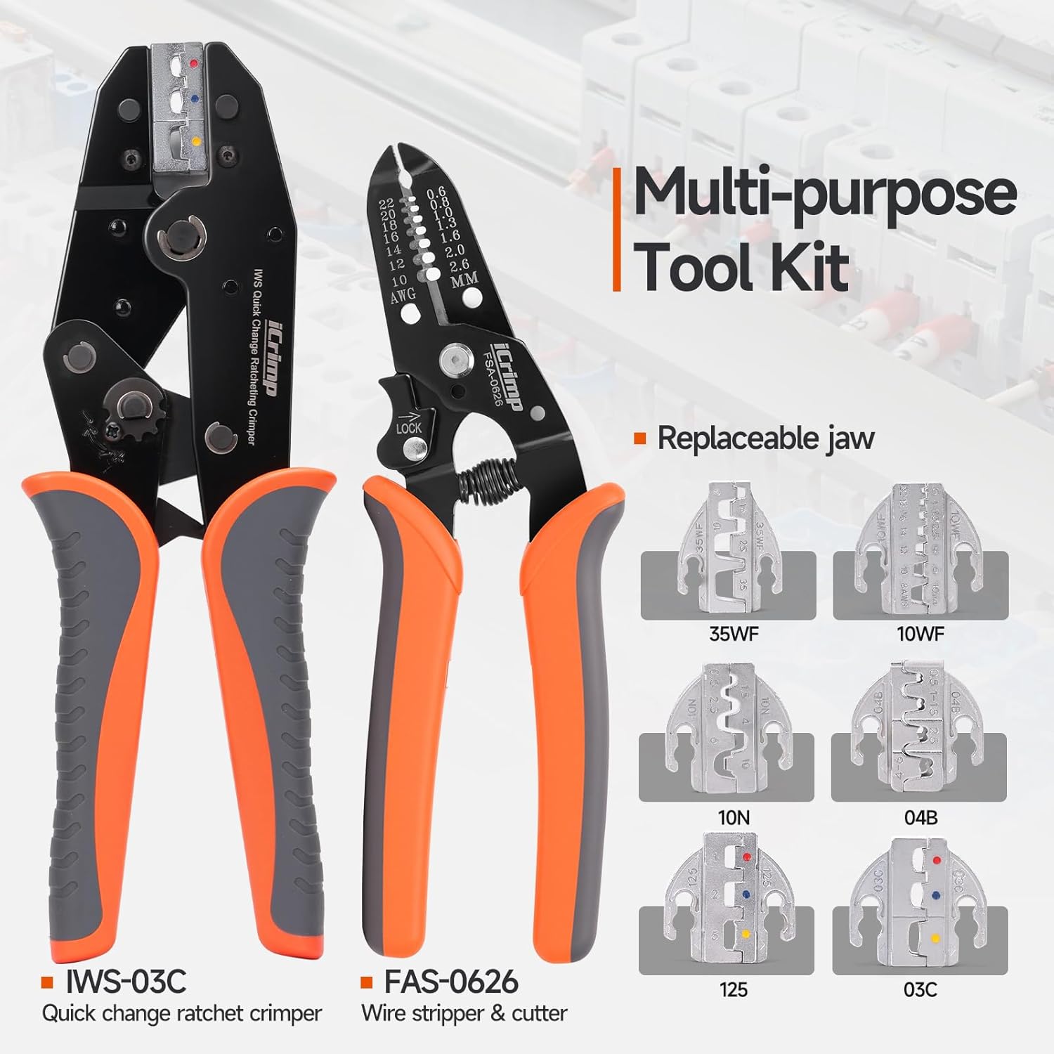 iCrimp 8-Piece Ratcheting Crimping Tool Set with PM Powder-Metallurgy Quick-Exchange Jaws, Crimps Heat-Shrink, Open-Barrel, Insulated & Non-Insulated Ferrules AWG 20-2