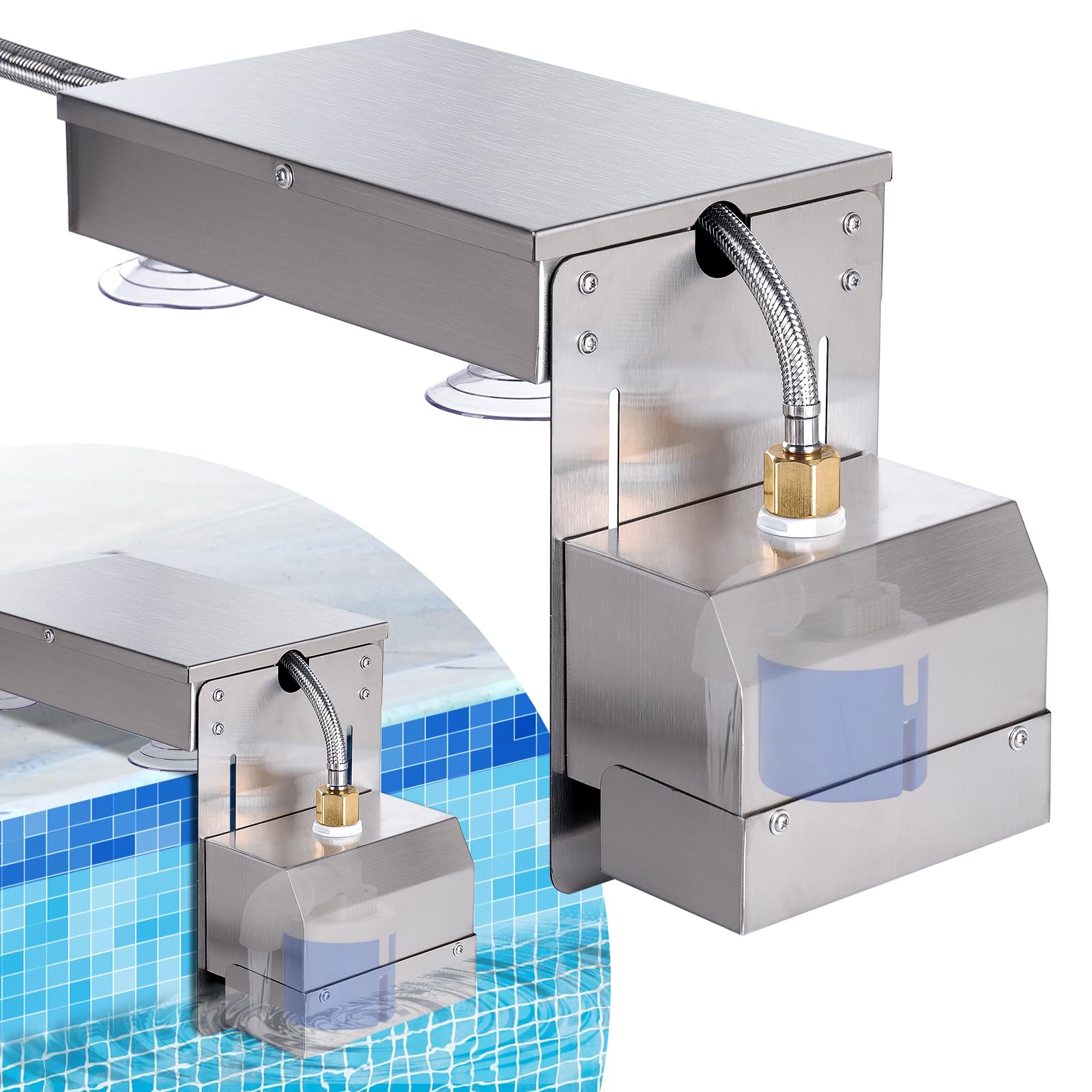 Llenador automático de agua para piscina, llenado automático, control de nivel de agua de cascada con válvula flotante para piscina, spa, estanque, piscina, llenado automático (plateado)