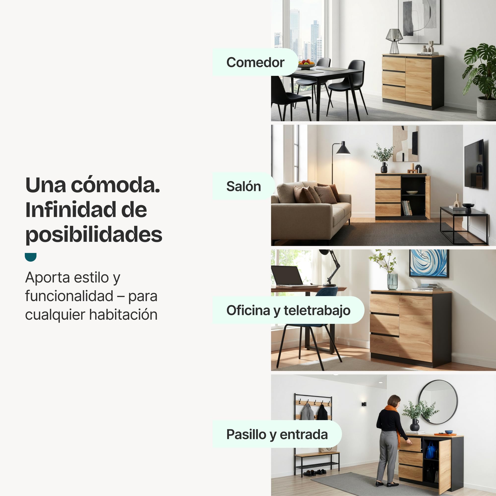 [en.casa] Aparador para Salón Kyr Armario Multiusos con 3 Cajones Compartimentos Cerrados con Puerta Mueble Auxiliar de Cocina Comedor Oficina Aglomerado 80 x 40 x 75 cm - Efecto Roble Rústico/Negro
