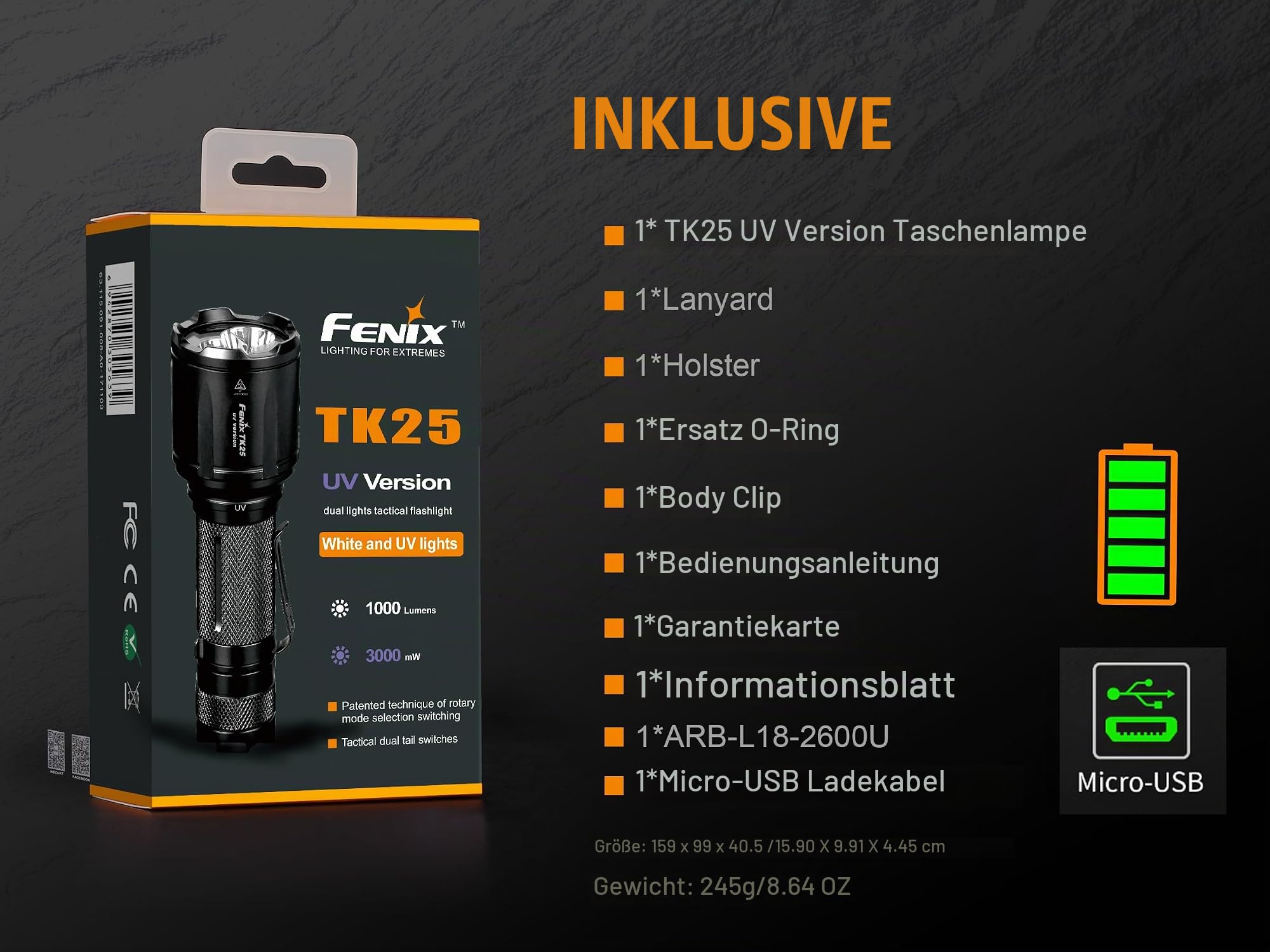 Fenix TK25 UV Taschenlampe LED Extrem Hell 1000 Lumen,UV Licht 365nm,Weiße Lichter 225M,IP68 Wasserdicht Klein Taktische Lampe mit Holster,USB Kabel,Tragbare Outdoor Jagd Camping Survival Angeln