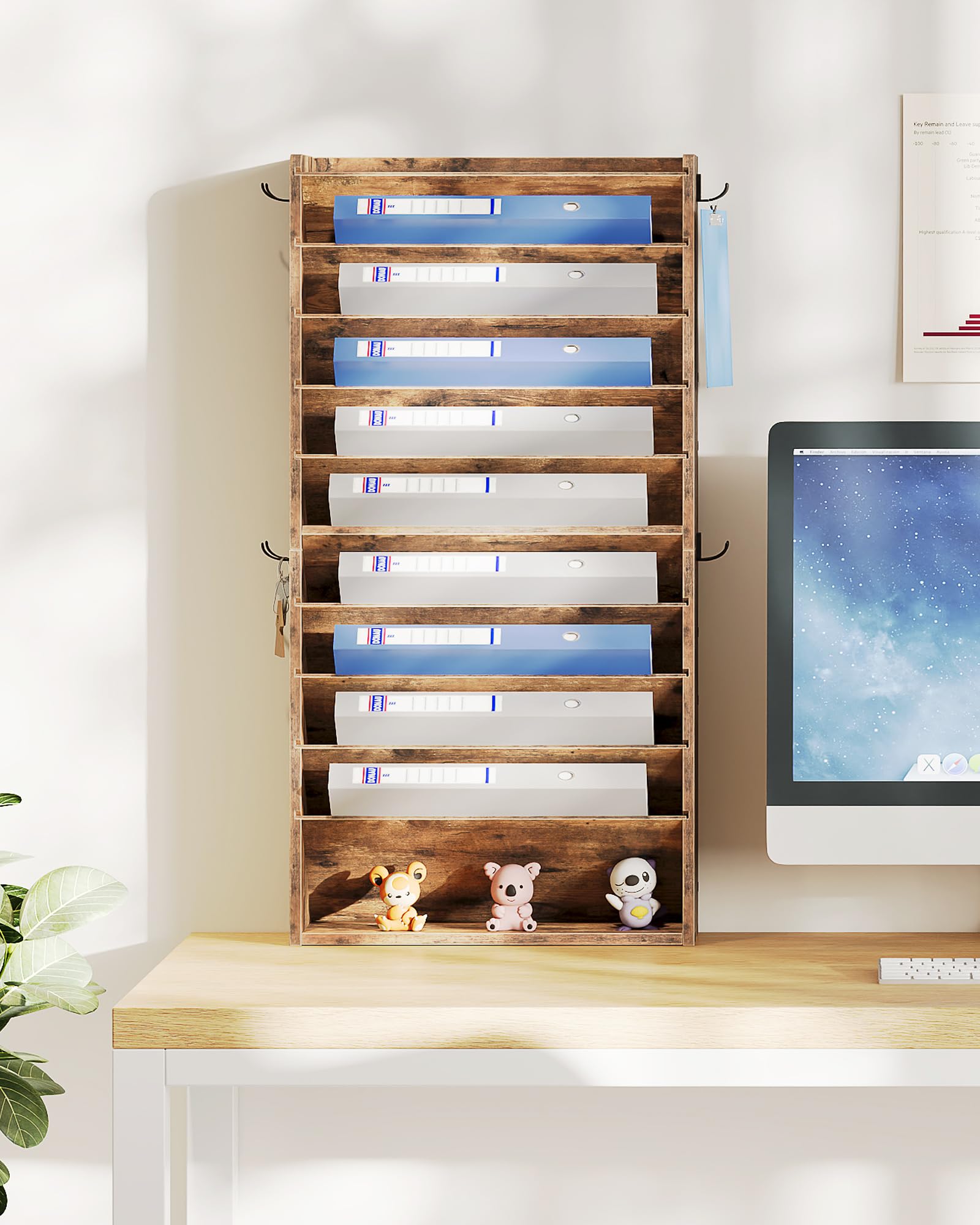 CHOEZON Organiseur mural à 10 niveaux, organiseur de courrier suspendu, porte-fichiers avec 4 crochets latéraux, organiseur de courrier industriel et de rangement, support vertical en bois pour bureau