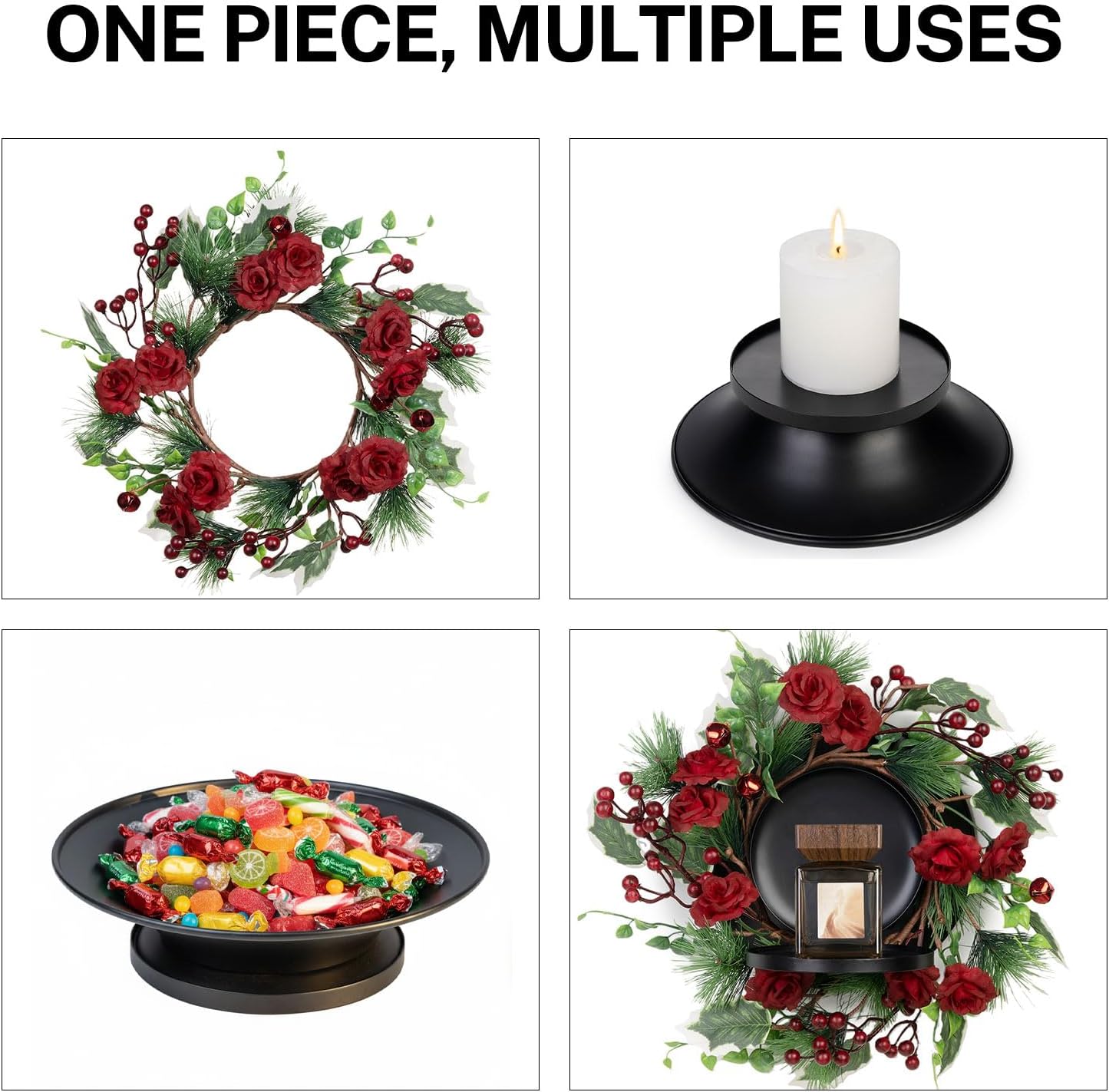 MOYEE Winter Christmas Candle Holder Centerpieces for Tables,Candle Ring, Black Metal Candlestick with an Artificial Wreath 14 in Versatile Dining Table Centrepiece (Rose Wreath)
