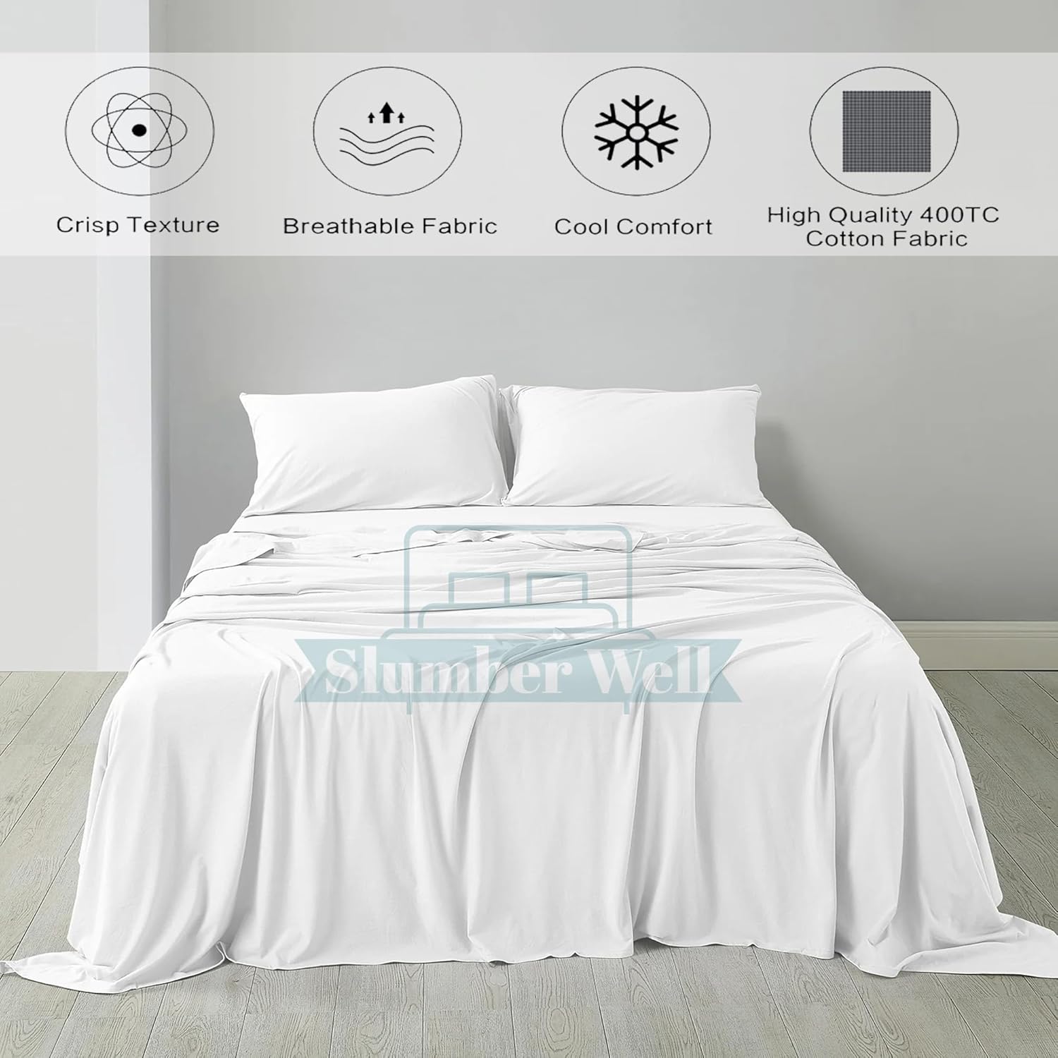 SlumberWell 4 Piece Sheet Set Queen Size, 100% Egyptian Cotton, 12 Inch Deep Pocket, Breathable Cooling & Super Soft Hotel Bed Sheets, White Solid