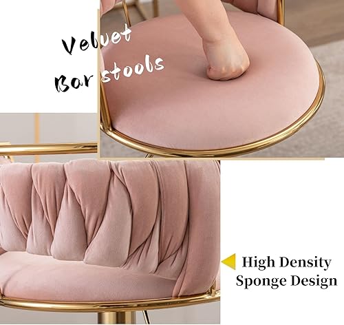 Miniatura 5 de LukeAlon Moderno juego de 2 taburetes de bar ajustables de terciopelo, taburetes giratorios de 360° con base dorada, sillas de bar altas tapizadas