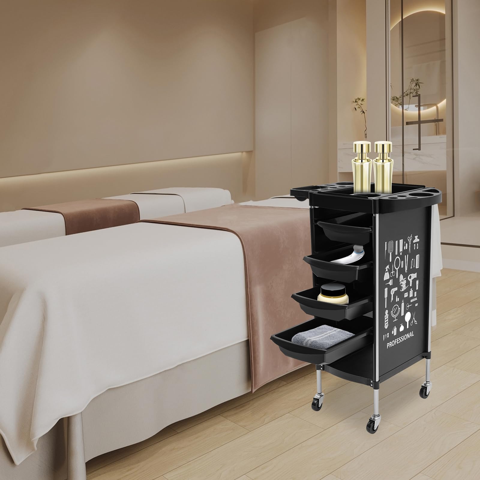 Carrello da Parrucchiere a 6 Ripiani con Ripiani estensibili Professionale con 4 cassetti e Ruote silenziose per Centri estetici e Centri estetici (34 x 37 x 88 cm)
