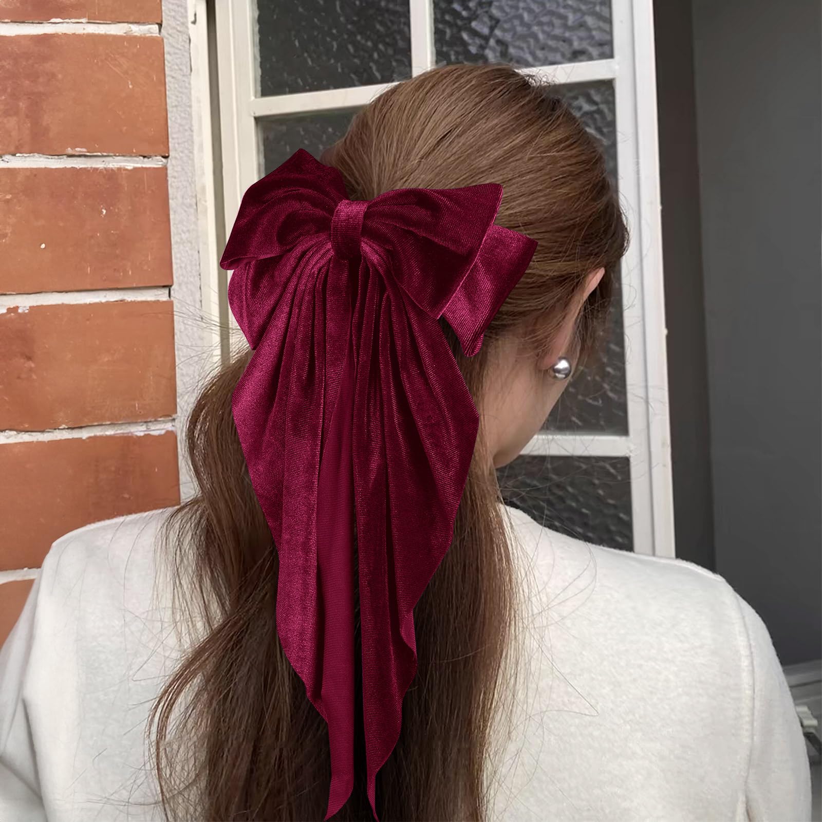 Amazon.com : Dark Red Velvet Large Hair Bow Long Tail  display picture 1