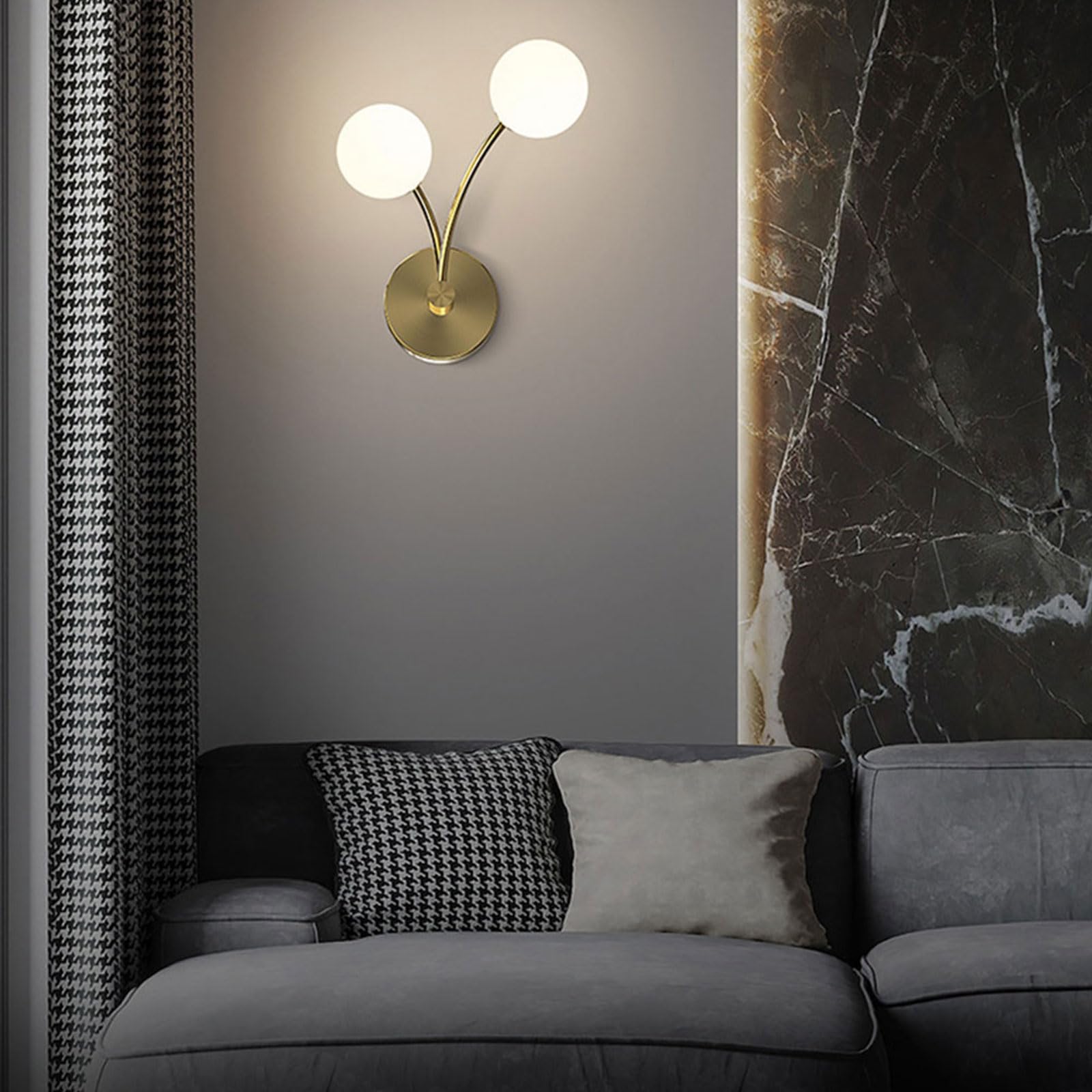 Applique da Parete in Rame Massiccio, Lampada nordica Moderna per Interni, Doppia Lampada Rotonda in Vetro per Soggiorno e Camera da Letto, 1 Confezione / 2