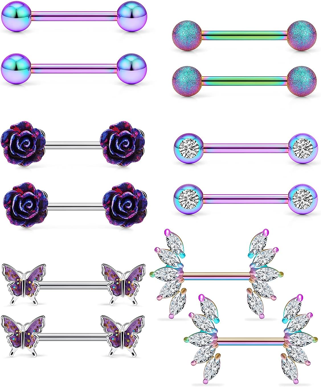 Vsnnsns 14G Nipple Rings Butterfly & Flower Piercing Jewelry - Surgical Steel, Cubic Zirconia, Silver, Black, Rainbow, Rose Gold