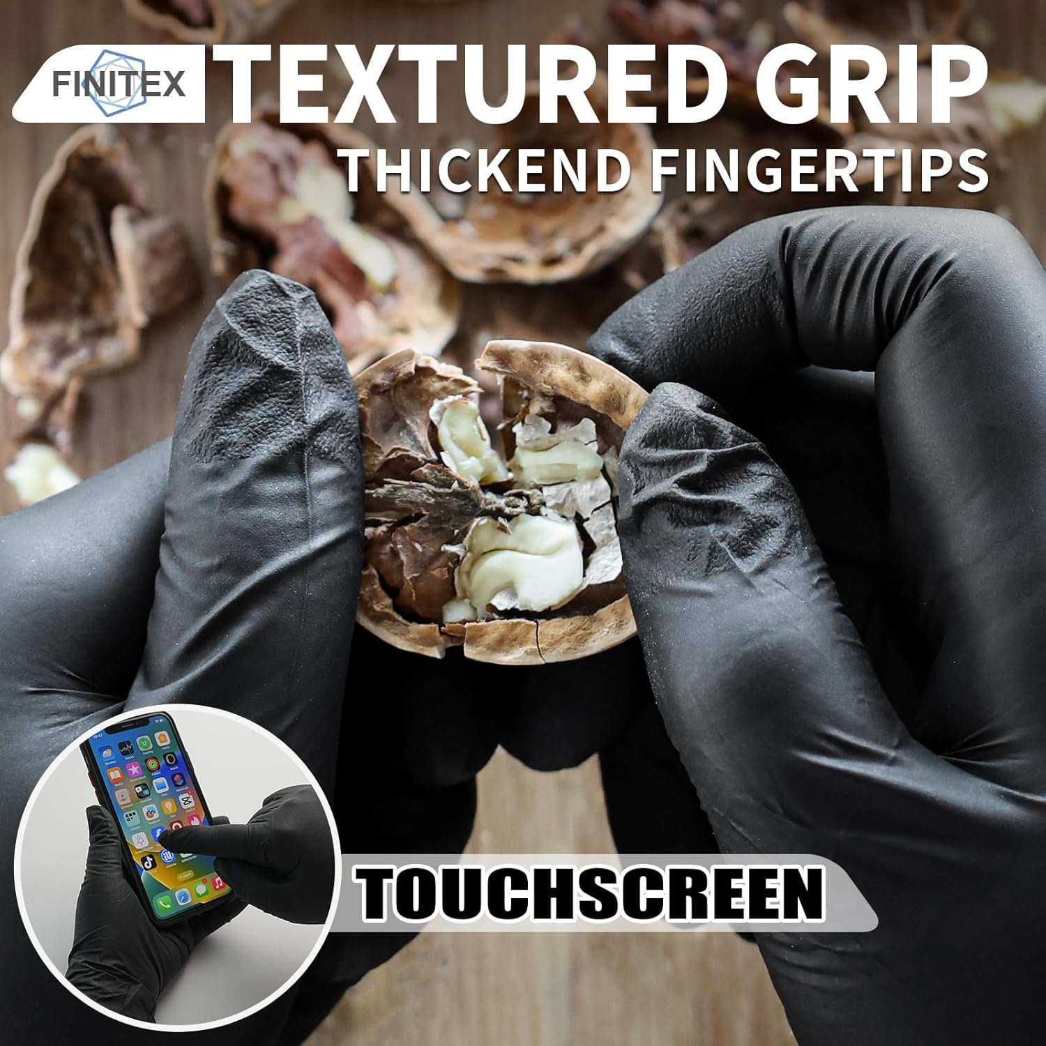 FINITEX Nitrile Disposable Black Gloves - 3.5mil Powder-Free Latex-Free Cleaning Cooking Food Prep Gloves of 60/180
