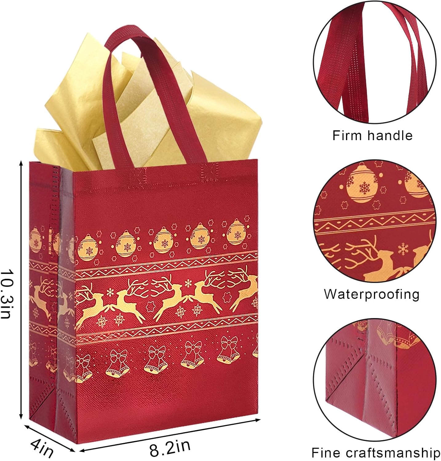 36Pack Christmas Gift Bags Medium Size with Tissue Paper - Reusable Non-Woven Tote Bags with Handles - Perfect for Gift Wrap/Party Favor Supplies - 10.2" x 8.3" x 4"