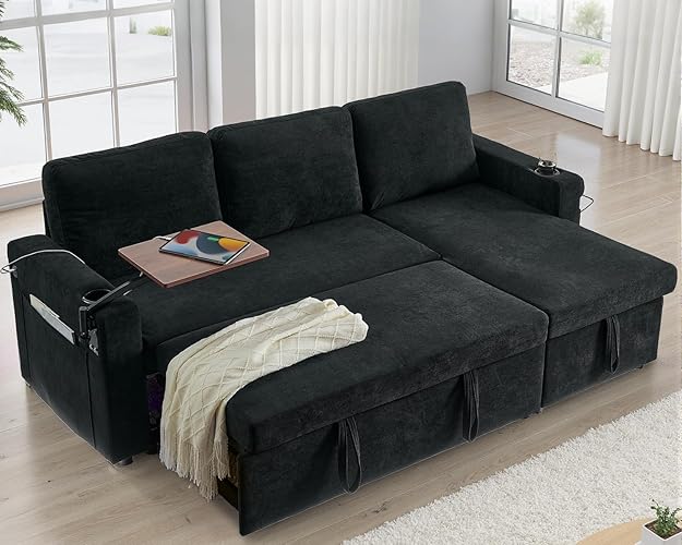 KCGKCG Sofa Bed, 85” Pull Out Couch Bed with Reversible Storage Chaise for Living Room, L Shaped Sleeper Sofa with Retractable Table, Charging Station, Cup Holder & LED Lighting, Green