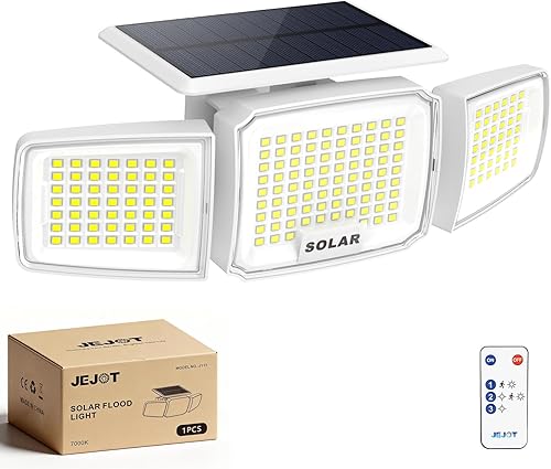 Miniatura 20 de Luz solar de seguridad para exteriores LED súper brillante con control remoto, luz de inundación con sensor de movimiento de radar, 3 cabezales gran