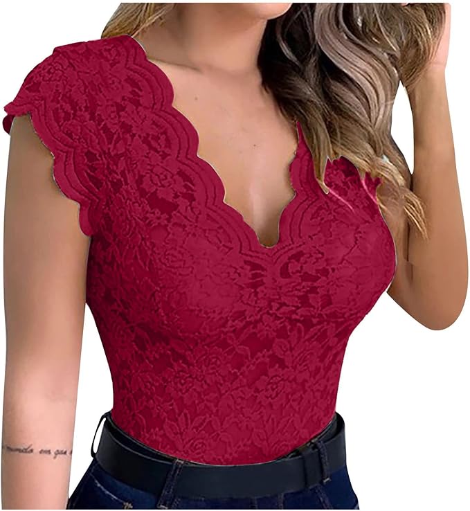 Women's Fashion Casual Sexy Slim Solid Lace VNeck Blouse Short Sleeve