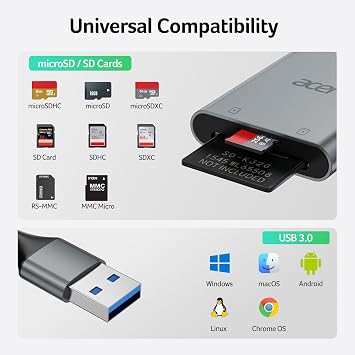 Acer SD Card Reader, USB A 3.0 to Micro Memory Card Reader Aluminum