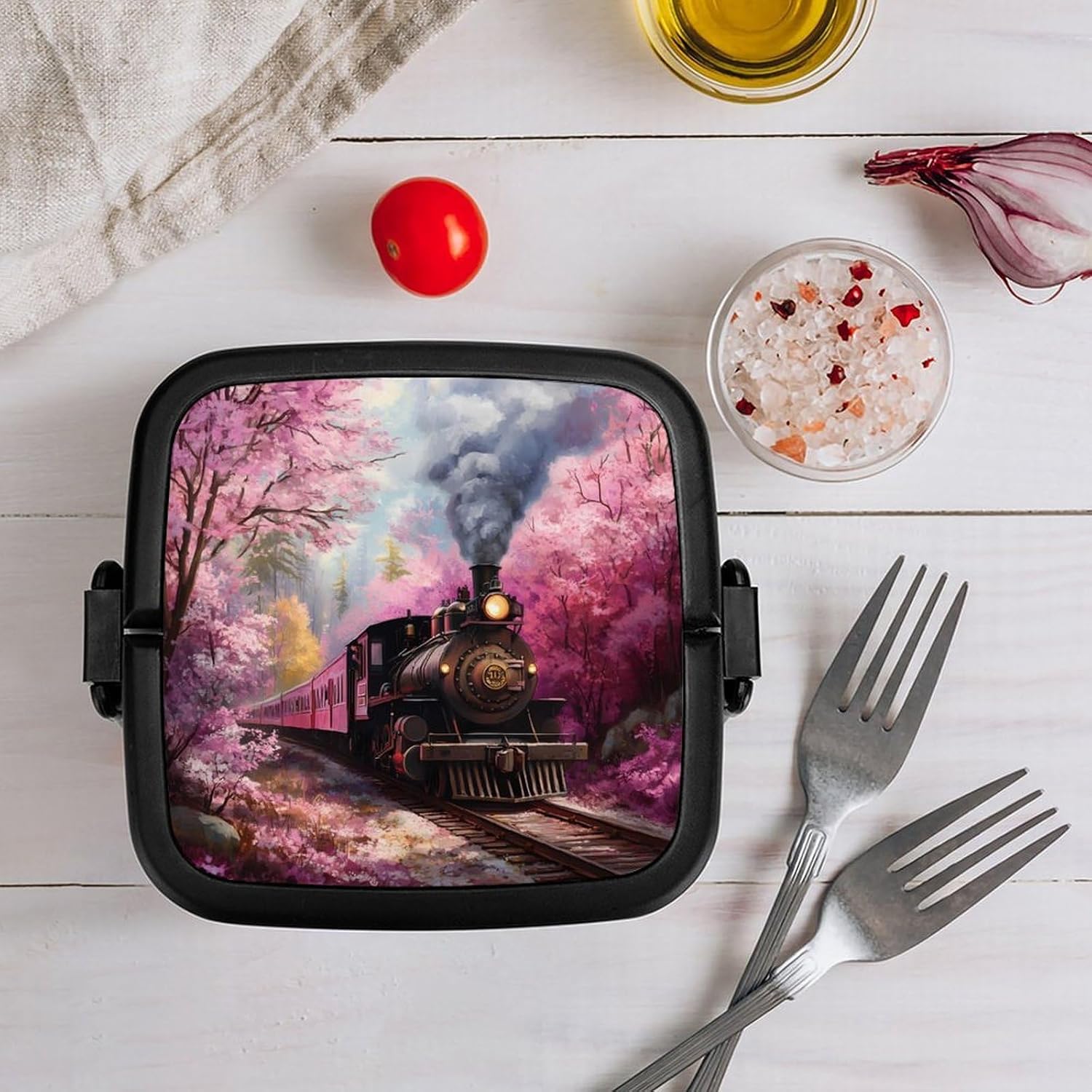 Train Floral Print Bento Box with Spoon 2 Layer Food Container Cute Lunch Box for Travel Dining Work