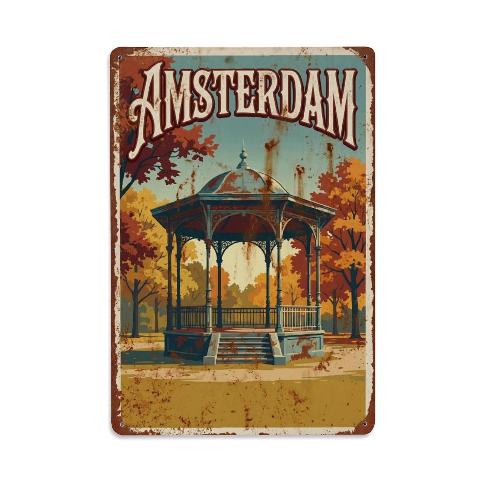 Gazebo Garden Polder Amsterdam Retro Rural Tourism Metal Tin Sign Plaque Wall Decor for Cafe, Man Cave, Club Bar, Office, Home Garden Round Metal Poster 8x12Inch