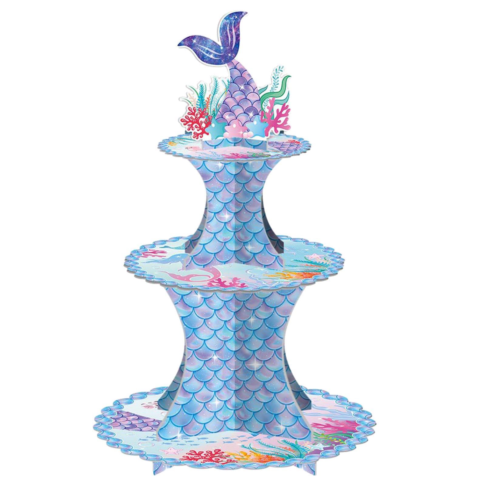 Mermaid Theme Dessert Stand, 3 Tier Mermaid Cardboard Cupcake Stand, Mermaid Theme Cupcake Tower, Cupcake Stand Little Mermaid For Birthday Party Decorations