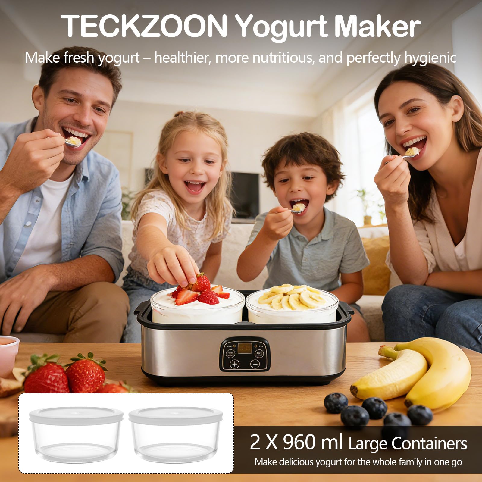 Joghurtbereiter 2L, Joghurt Machine, Digitale Joghurtmaschine aus Edelstahl, Automatischer Joghurt Maker für DIY selbstgemachten Joghurt, Käse oder Natto zu Hause (2 x 1L Gläsern)