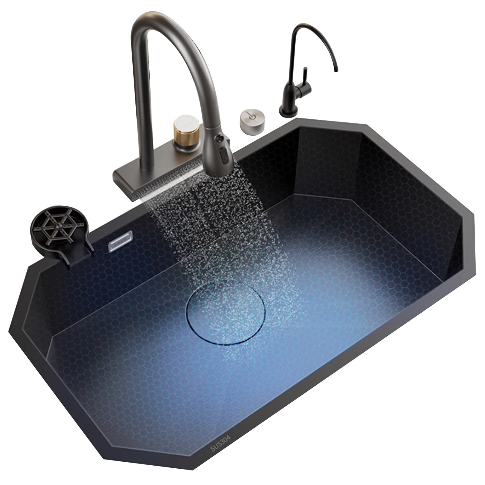 ZQFHSX Octagonal Modern Sink, Stainless Steel Single Bowl Large Sink Kitchen Multifunctional Pull-Out Waterfall Faucet, Multiple Accessories, New Sinks(68 * 45 22cm)