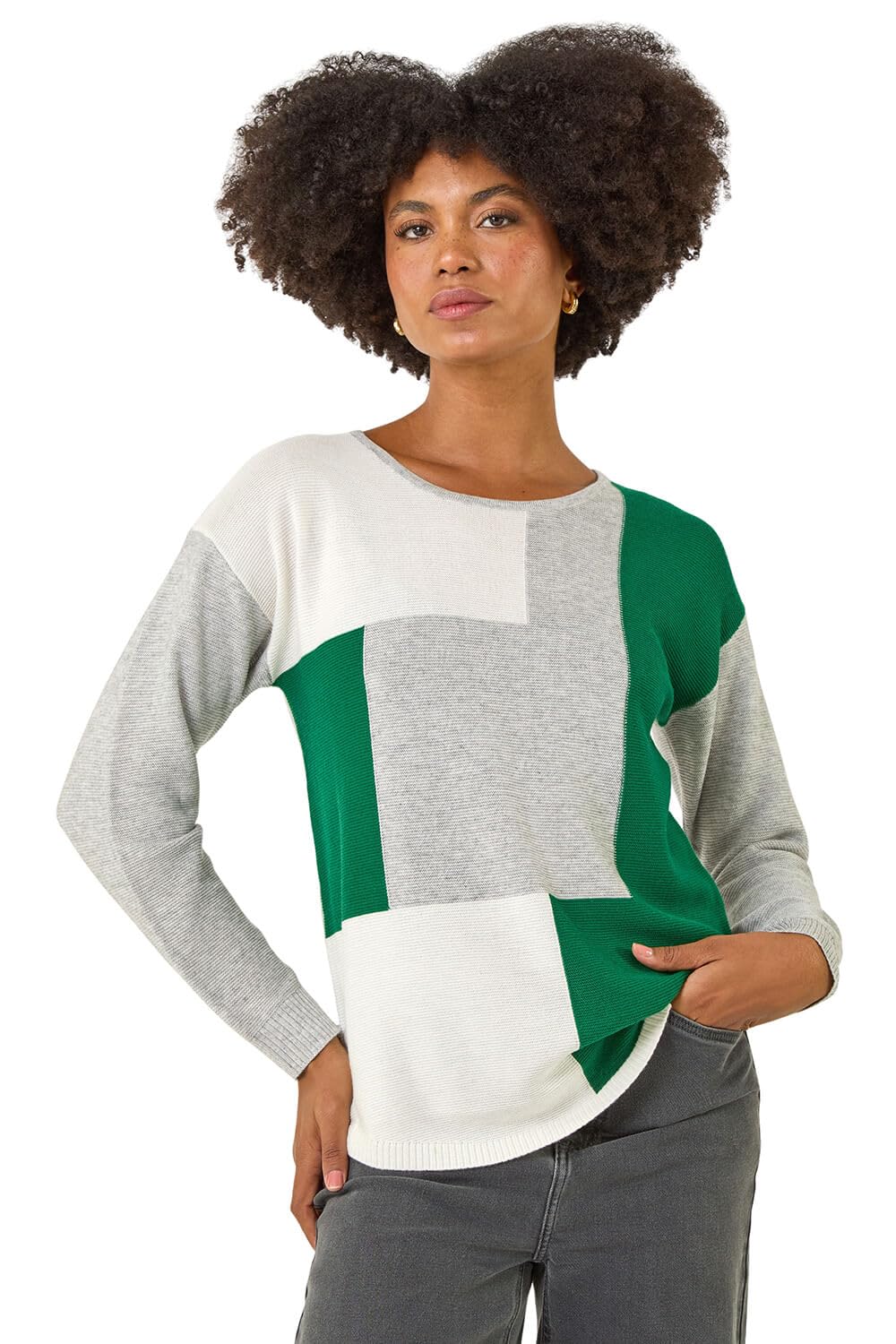Roman Originals Women Colour Block Ribbed Jumper - Ladies Spring Everyday Summer Holiday Round Neckline Comfy Curved Hem Soft Vacation Jumpers - Grey - Size 10