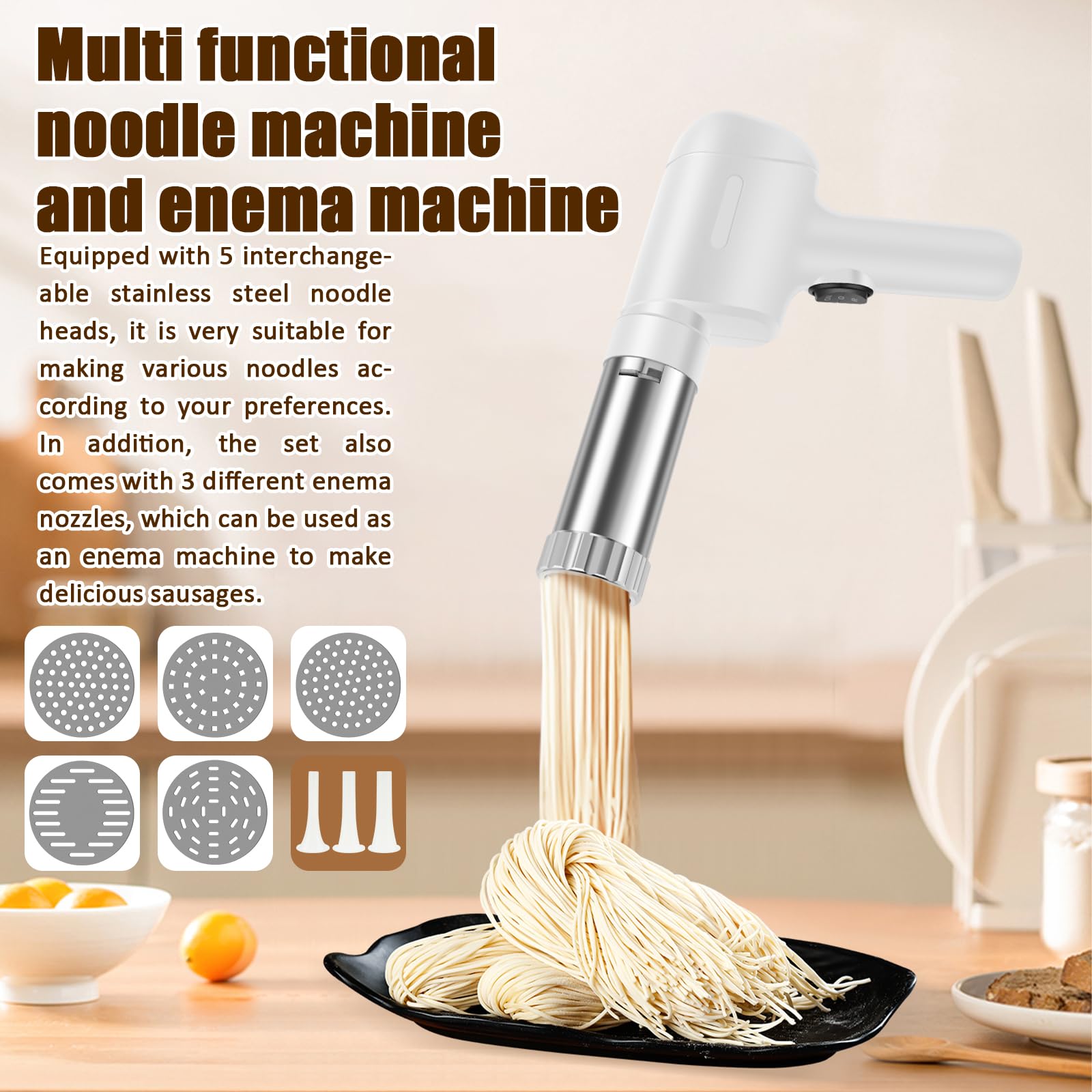 Electric Idiyappam & Pasta Maker 2025 - Cordless, 5 Molds, Rechargeable | Easy Noodle Machine