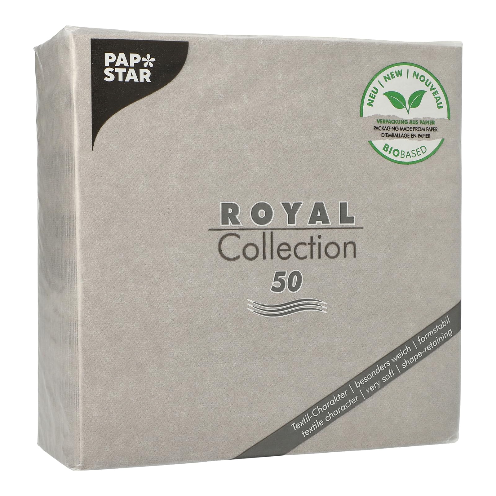 Papstar | 50 Tovaglioli Royal Collection Piegato 1/4, Dimensioni 40 cm x 40 cm, Colore Grigio, Confezione in Carta, Materiale Ovatta di Cellulosa, 50 Tovaglioli x 5 Confezioni