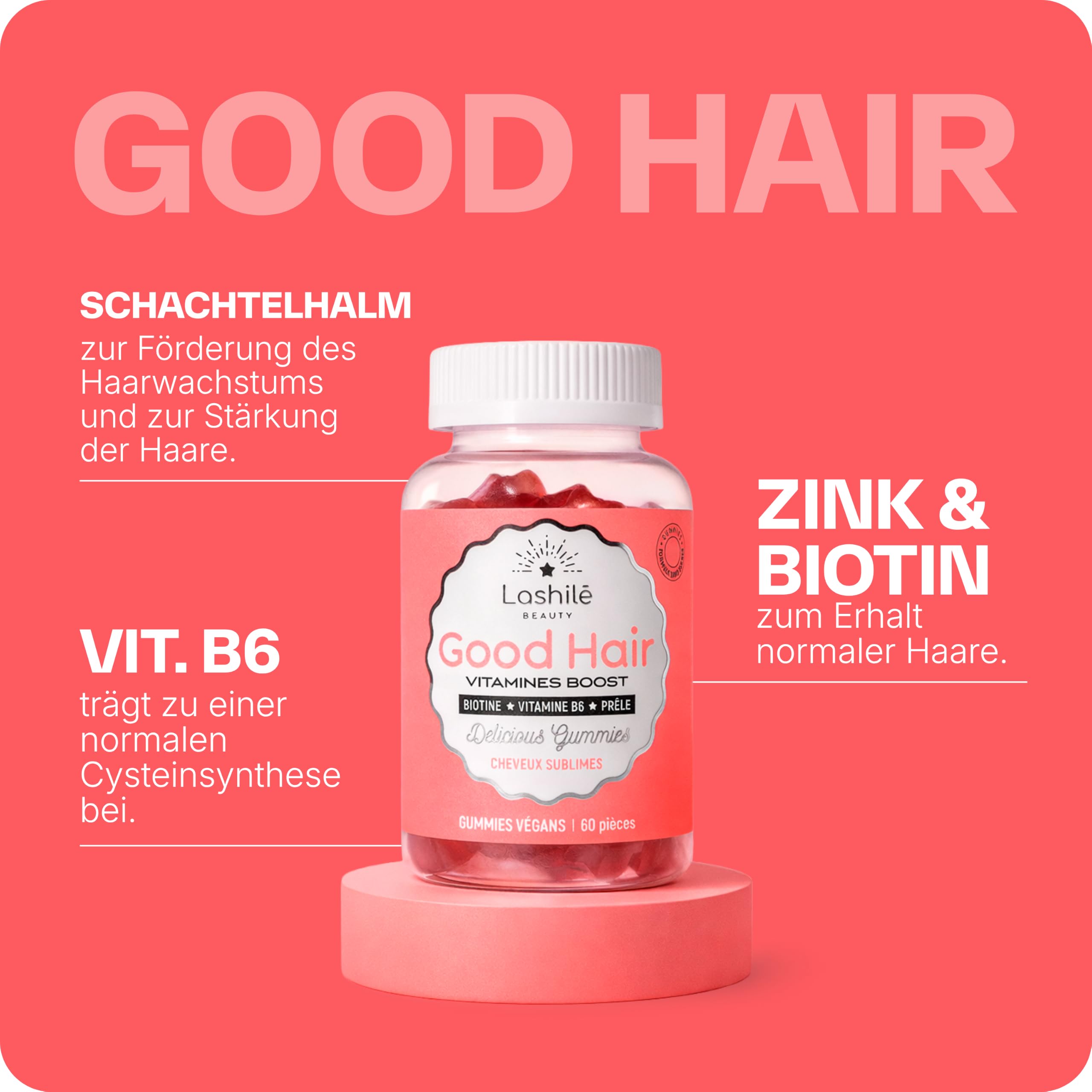 Lashilé Beauty Good Hair – Nahrungsergänzungsmittel für Haare mit Biotin, Zink & Folsäure – Haarwachstum & Kräftigung – Vegan, Zuckerfrei – 60 Tage-Kur, 120 Gummis