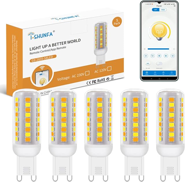 I-SHUNFA Smart Wireless Dimmable G9 LED Bulb Lamp,2835 SMD 58 LED Lights, Multicolor Dimmable G9 Led Bulbs Compatible with Mobile Phone, 2700K-6500K, 4W/230V 430Lumens 5Pack (5)