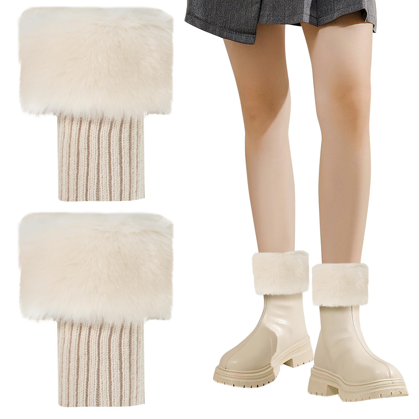 Heveer Women's Off-White Fur Leg Warmers Faux Fur Leg Warmers Warm Furry Long Boot Cuffs Soft Boot Sleeves Furry Boot Covers Y2k Leg Warmers Boot Toppers For Girls Off White