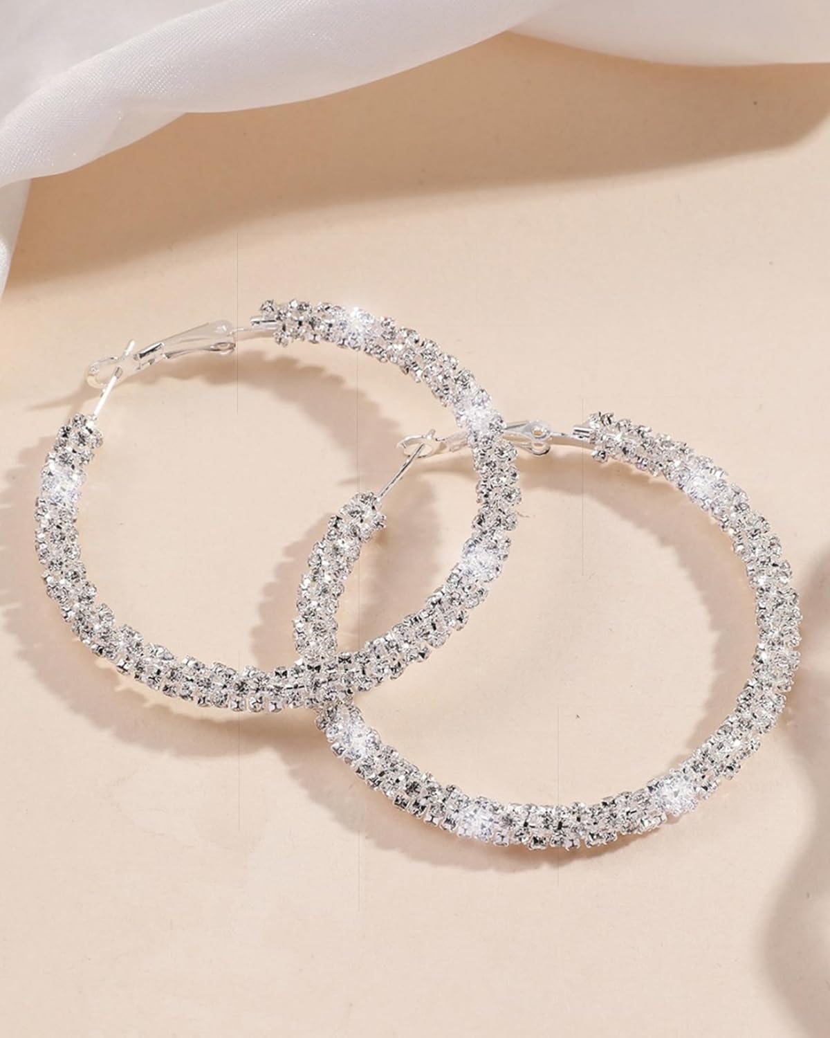 Silver Rhinestone Hoop Earrings for Women Sparkly Large Hoop Earrings Trendy Silver 50mm Rhinestone Hoops Wedding Party Prom Jewelry Accessories Gifts for Her - Image 5