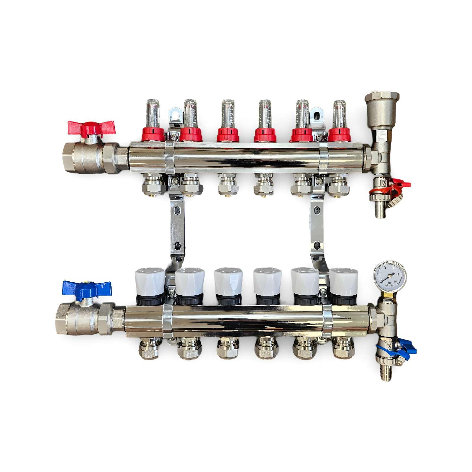 Wärmer System 6 Port Underfloor Heating Complete Manifold with Pipe Connections, Ball Valves, Automatic Air Vent and Pressure Gauge End Unit (16mm eurocones)