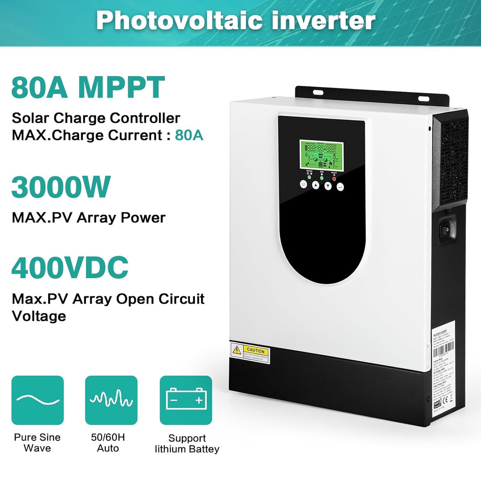 Inverter ibrido off-grid a onda sinusoidale pura da 3000W 24V, inverter ibrido solare, regolatore di carica solare MPPT 80A integrato, per system off-grid di accumulo di energia domestica