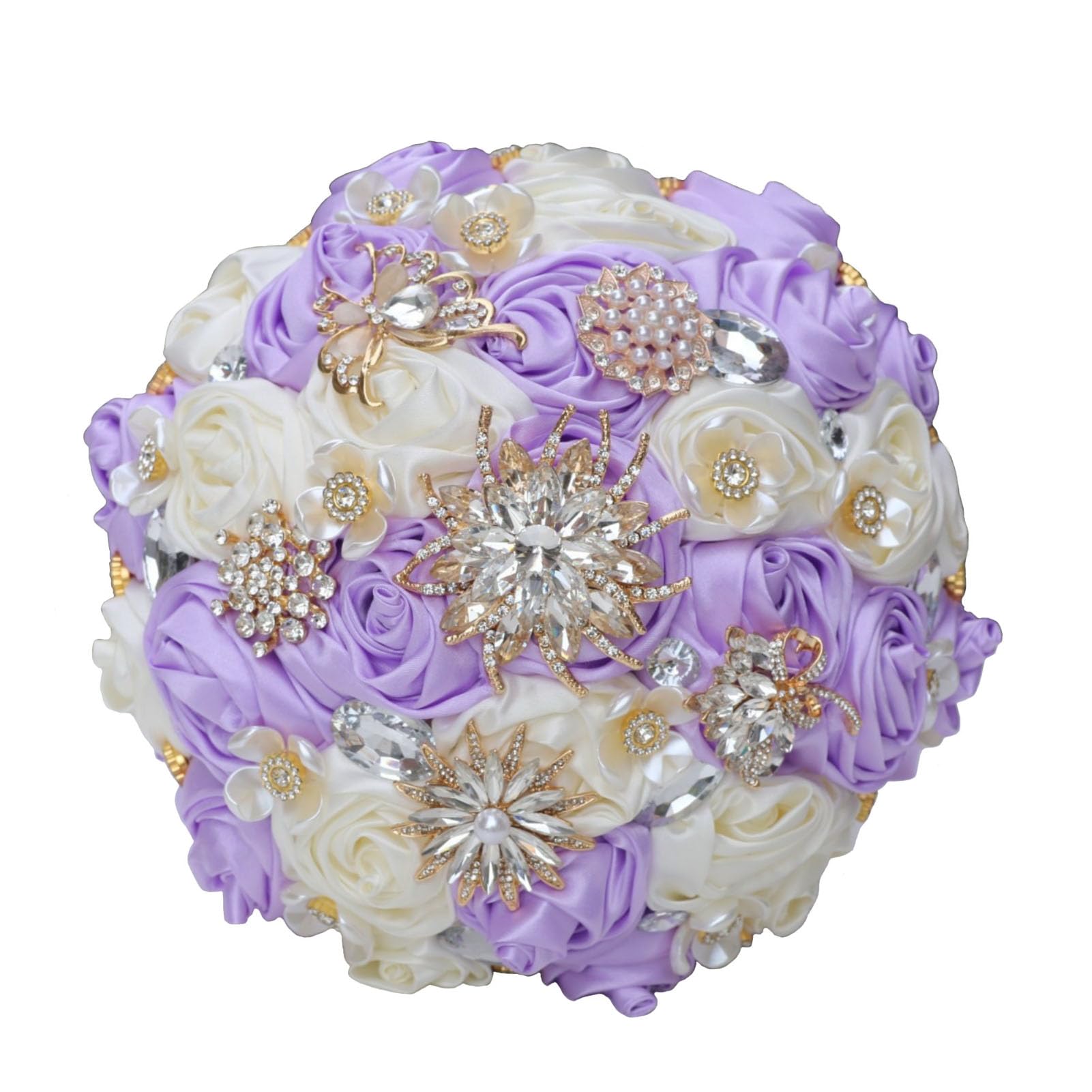 Lilac Ivory Bridal Bouquet with Rhinestone Brooch 9.8 inch