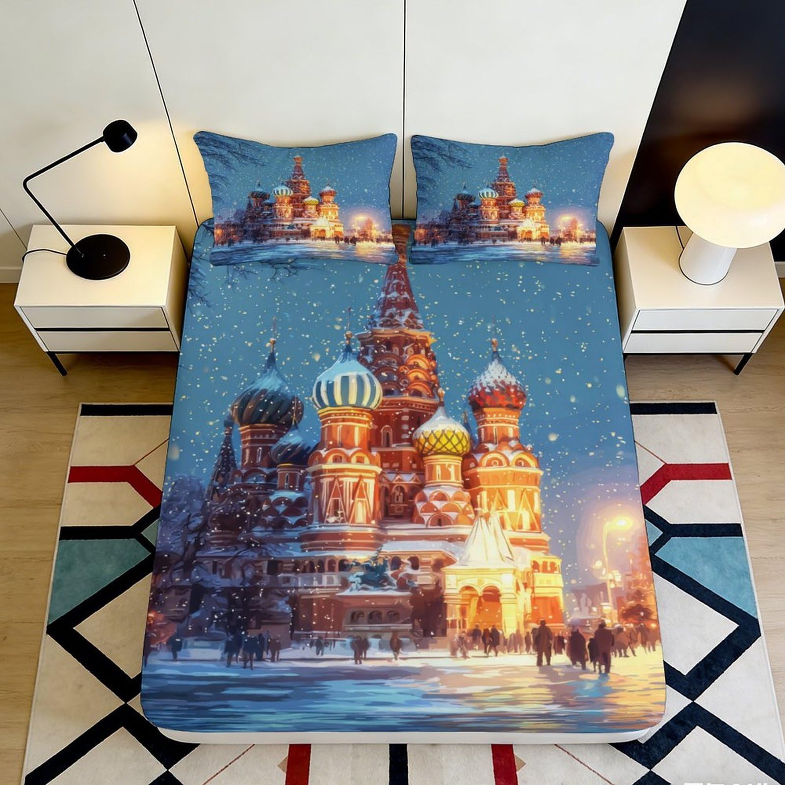 Uynsixtme Style-2 3D Printed European Landmark Fitted Sheet Microfiber Non-Slip Deep Pocket Bedroom Bedding European Snow Scene Mattress Fitted Cover Washable Wrap 200X200x25cm