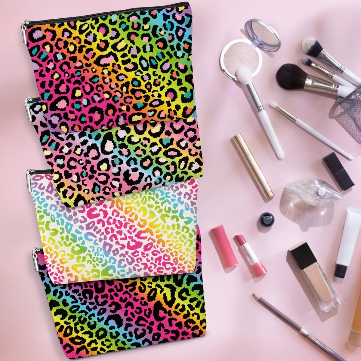 4 Pack Rainbow Leopard Print Makeup Bag Cosmetic Bags,Leopard Decor Gifts for Women Cheetah Lovers Daughter Girl Friend Niece Bestie Nurse Mom Appreciation Birthday Christmas Waterproof Toiletry Bag - Image 4