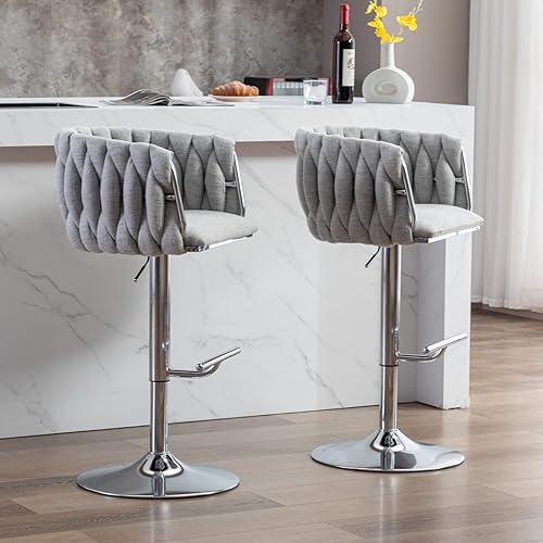 Miniatura 8 de HEAH-YO Juego de 2 taburetes de bar giratorios, taburetes de bar ajustables de altura de mostrador con respaldos tejidos y base plateada, taburetes