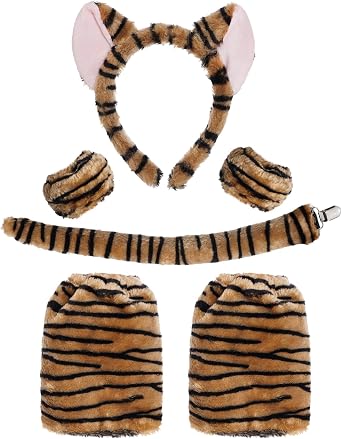 Pistha 6-Piece Furry Tiger Costume Set - Ears, Gloves, Leg Covers, Tail for Halloween, Carnival, Birthday Parties & Cosplay