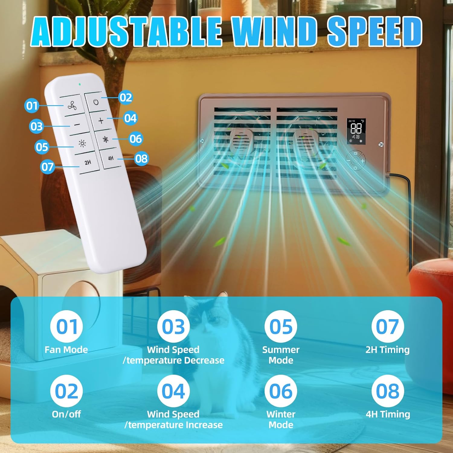 4 Packs Smart Register Booster Fans Vent Register Booster for 4" x 10" Vents 10-speed Quiet AC Vent Boosters with Remote Thermostat for Floor Ceiling Heating Cooling (Brown)