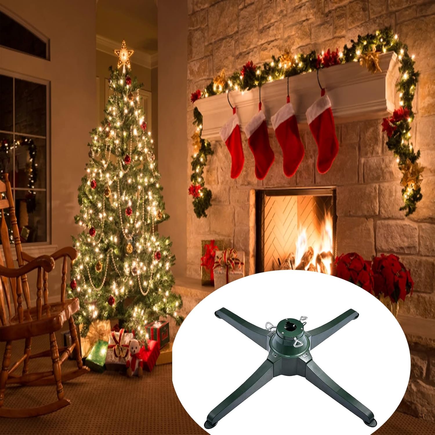 HAO 360-Degree Christmas Tree Stand Holder Rotating, Adjustable Christmas Tree Stand for Up to 9.8ft Christmas Artificial Tree,Easy Assembly (31.4 Inch)