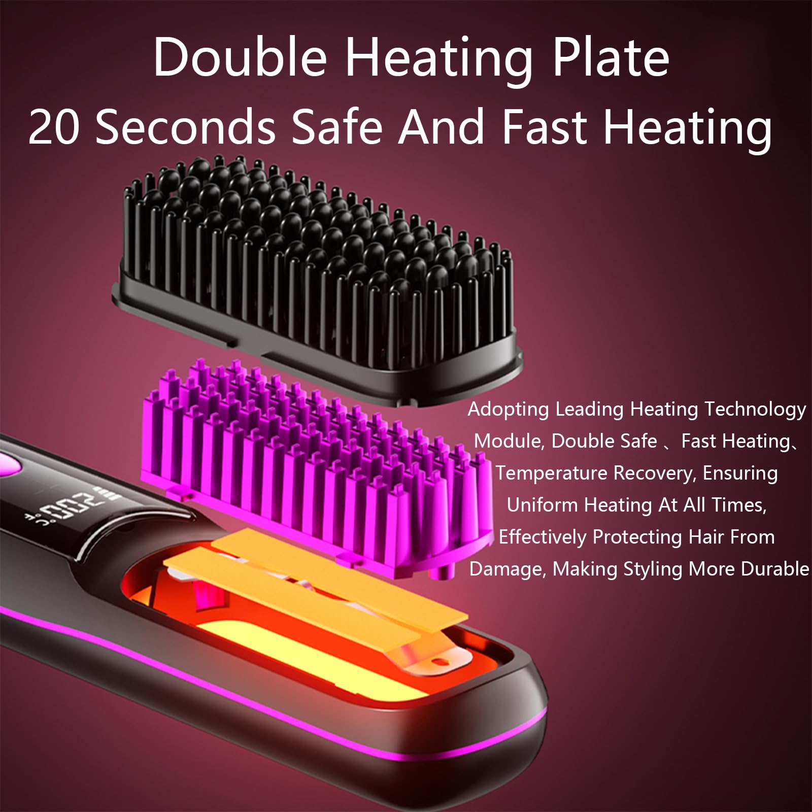 Go Brush Pro Fer à lisser – Peigne sans fil avec ion négatif, chauffage rapide 6000 mAh et design de voyage portable, brosse rechargeable pour lisser et boucler (violet, 1 pièce)