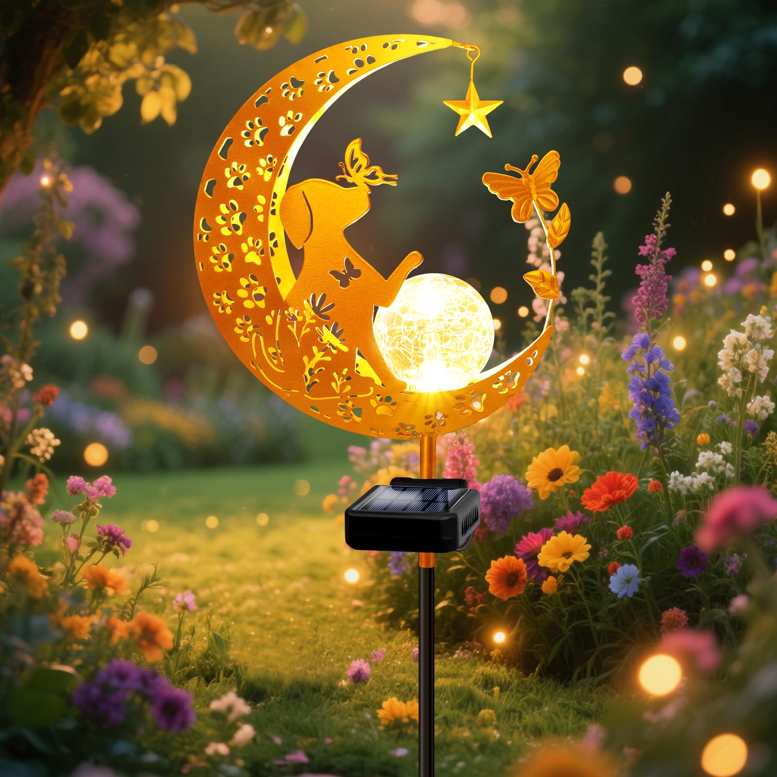 Solarleuchten Outdoor Dekorative Mond Hund Solar Pfahl Lichter Gartenarbeit Geschenke für Frauen Garten Ornamente Wasserdicht für Gehweg, Hof, Rasen, Terrasse