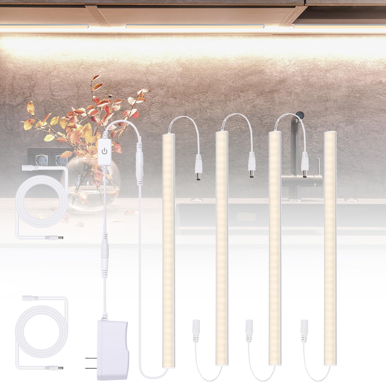 JUSJUBR Under Cabinet LED Lights, Dimmable Under Cabinet Lighting, 4 Pack LED Lights for Kitchen Under Cabinet, Under Counter Light Natural White 4500K