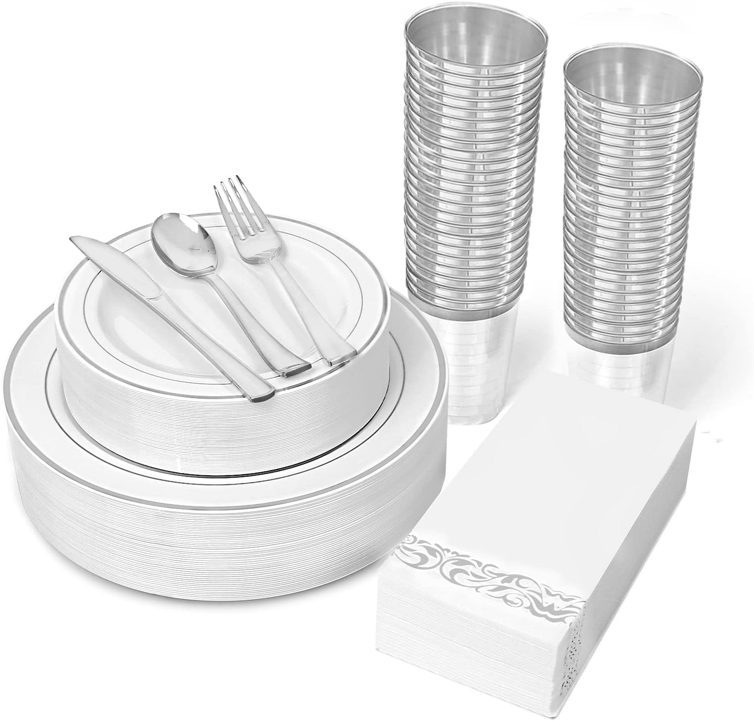 BAYZZ 350 Pieces Silver Dinnerware Set,100 Silver Plastic Plates-50 Plastic Silverware-50 Silver Cups-50 Napkins,50 Guest Disposable Dinnerware Set,For Wedding,Parties