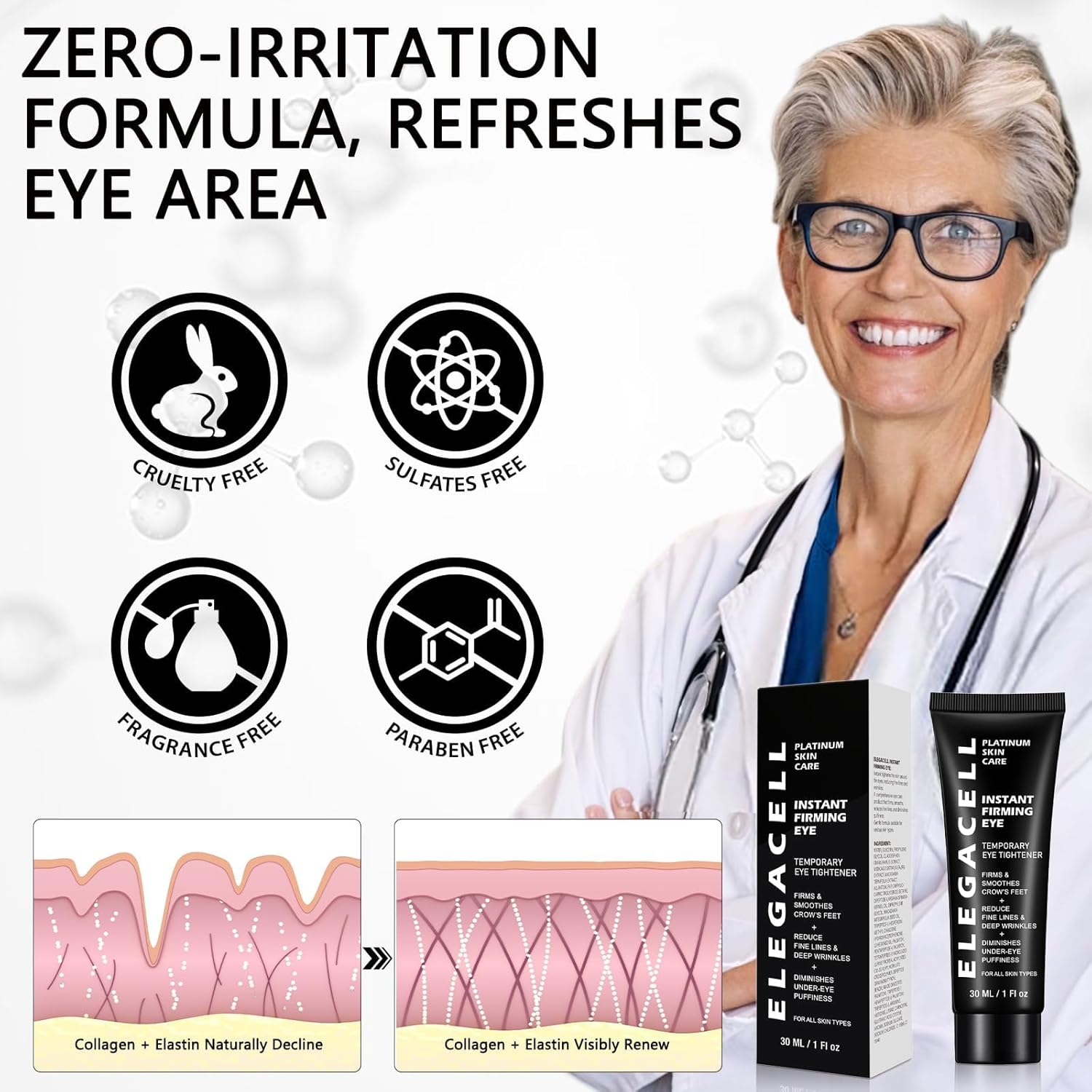 Elegacell Temporary Eye Tightener Cream Instant Firm Eye - Smooth the Look of Fine Lines, 1 Fl oz / 30ml - Image 9