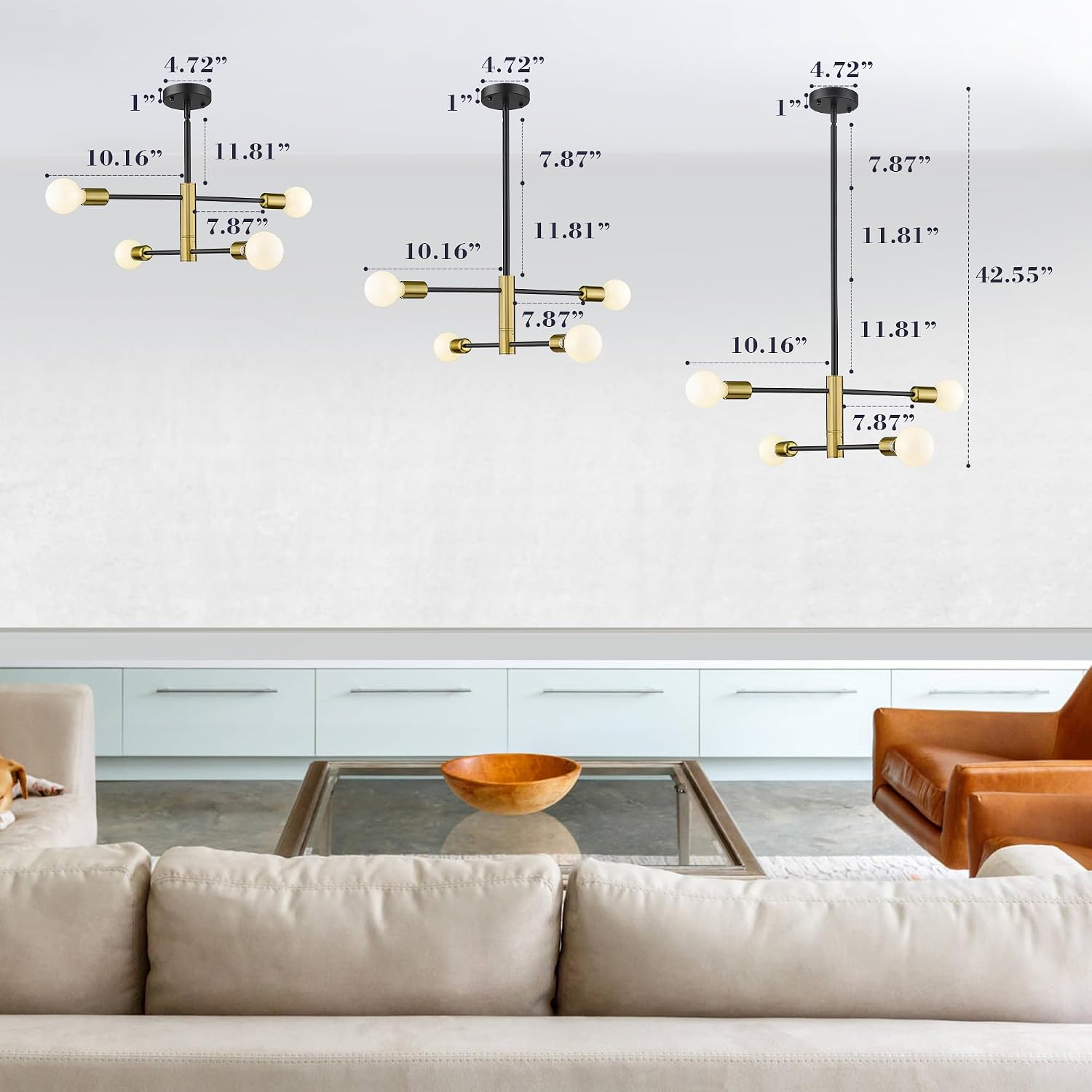 Modern Sputnik Chandelier Adjustable 4-Light Industrial Ceiling Light Fixture Mid Century Semi Flush Mount Ceiling Light Fixture Farmhouse Pendant Lighting for Dining Room Bedroom Gold