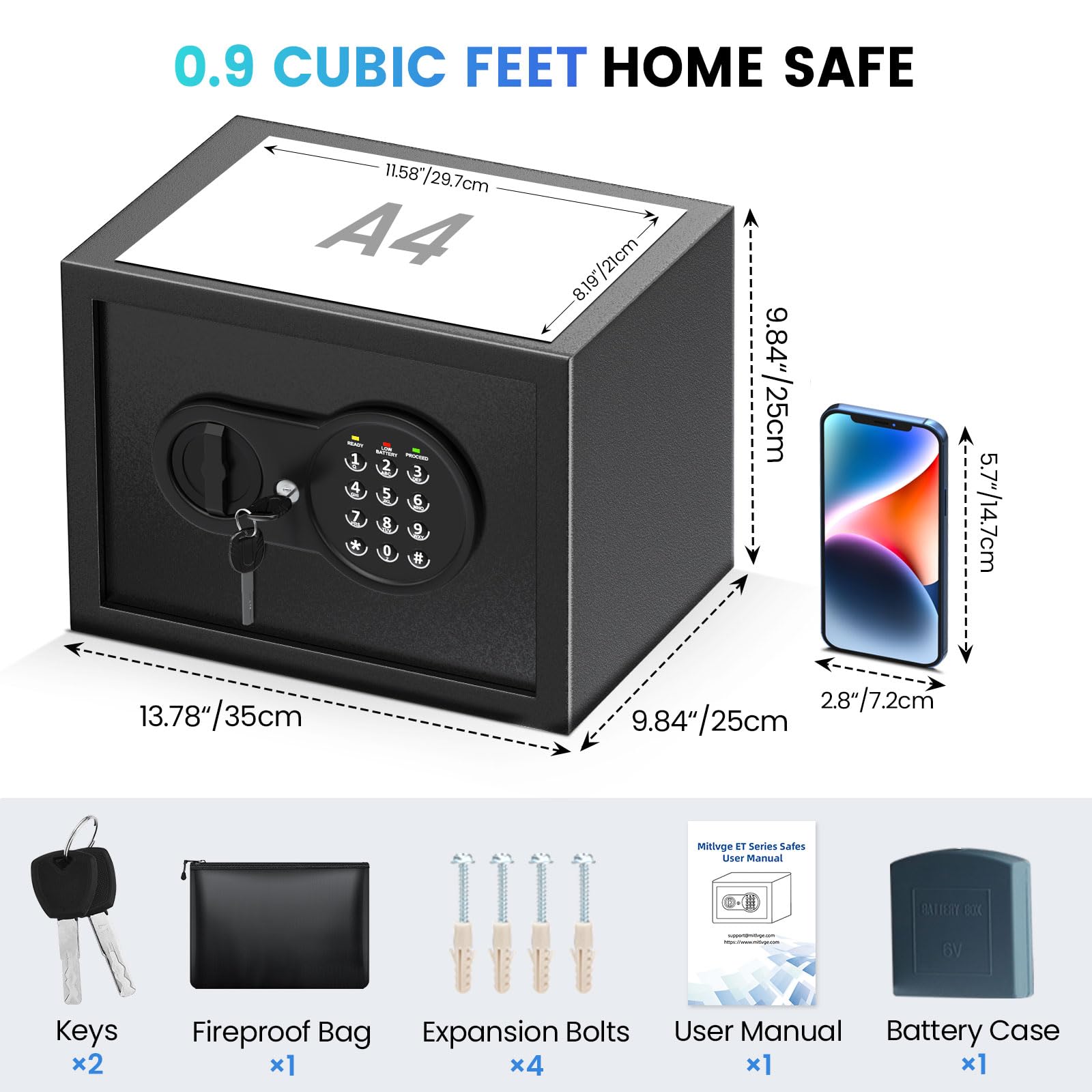 Mitlvge 1.2 CU Ft Home Safe Ignífugo Impermeable, Pequeña Caja Fuerte Ignífuga con Bolsa De Dinero Ignífuga, Teclado Programable Y Repisa Extraíble, Caja Fuerte Digital De Seguridad para Dinero Domé